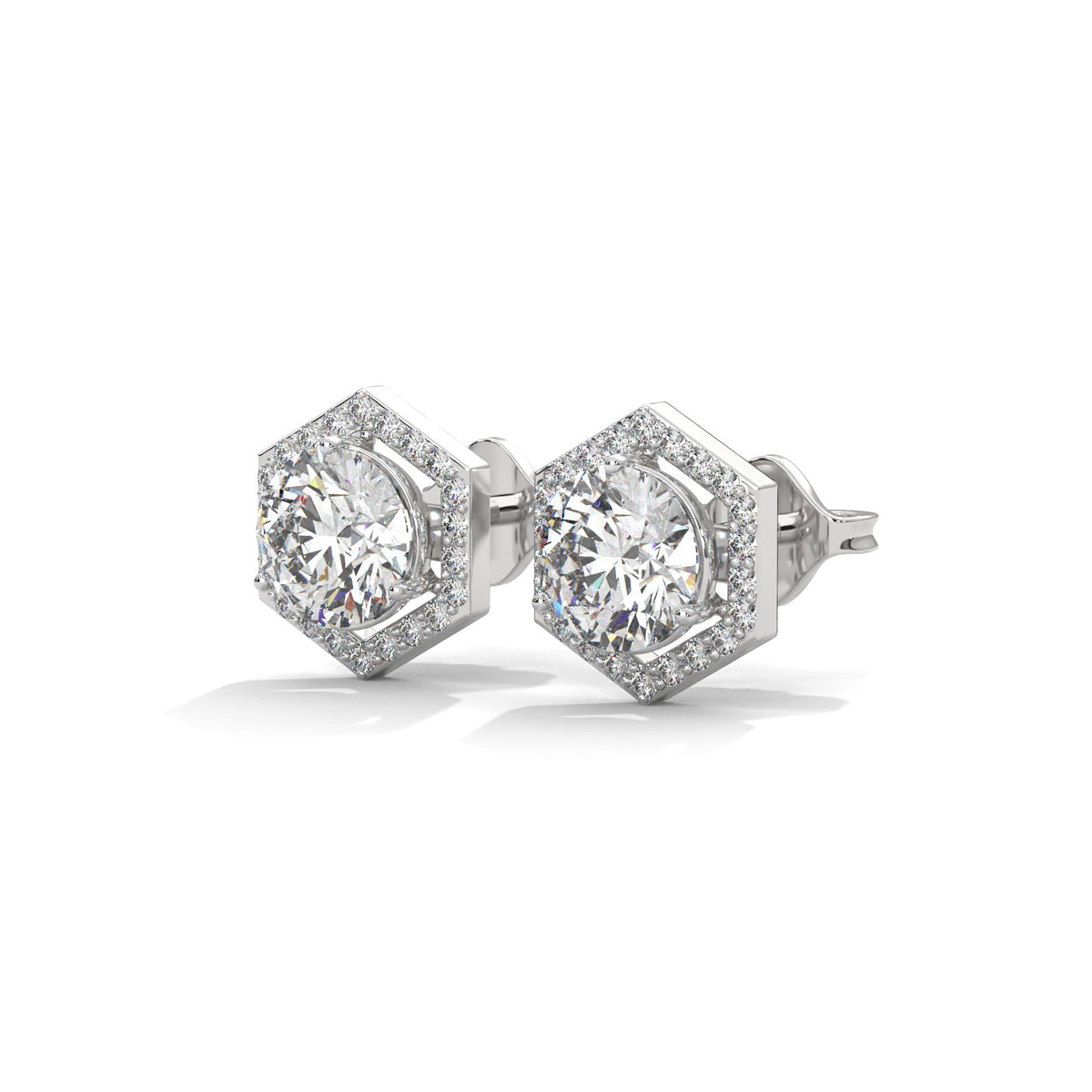 Hexagon Halo Solitaire Earrings