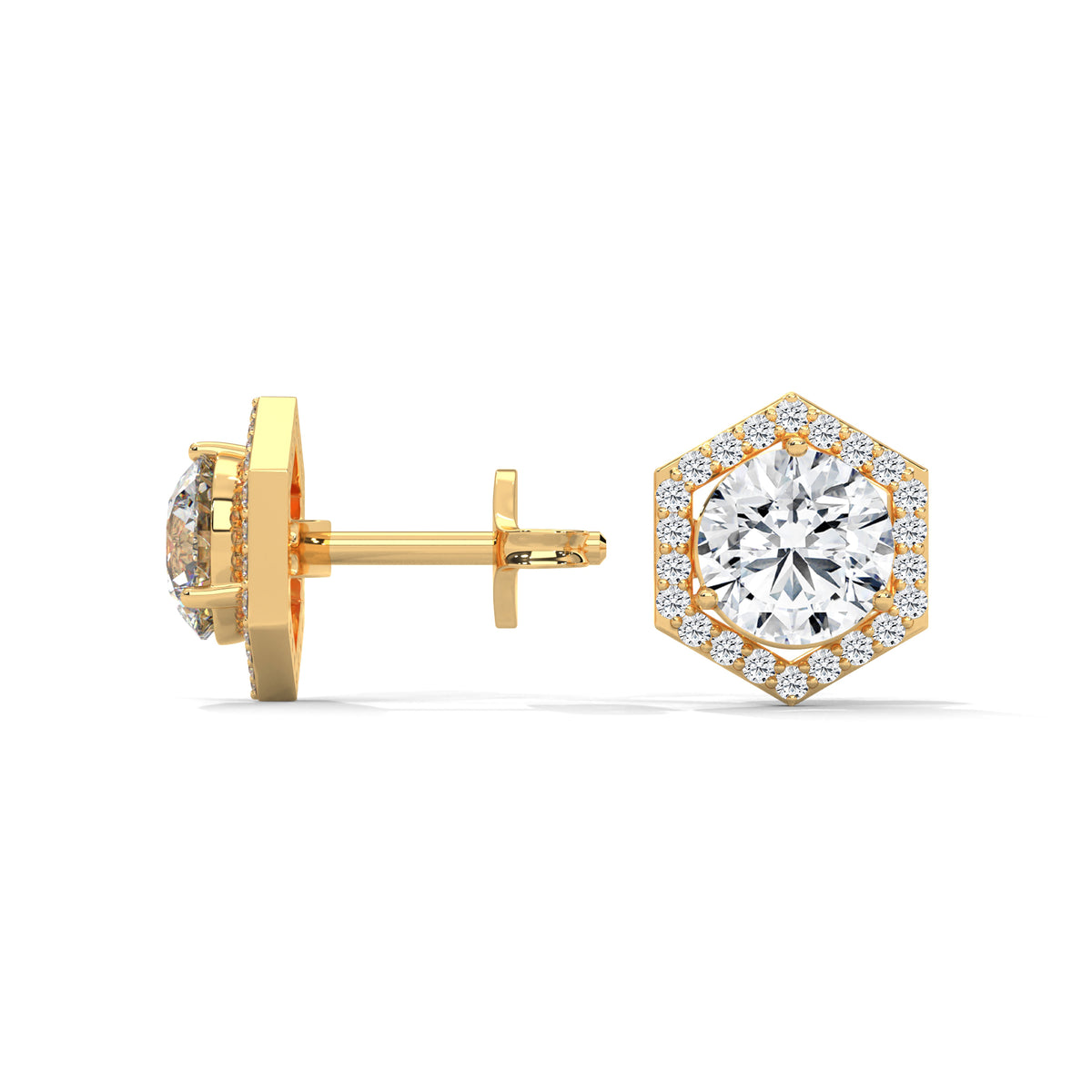 Hexagon Halo Solitaire Earrings
