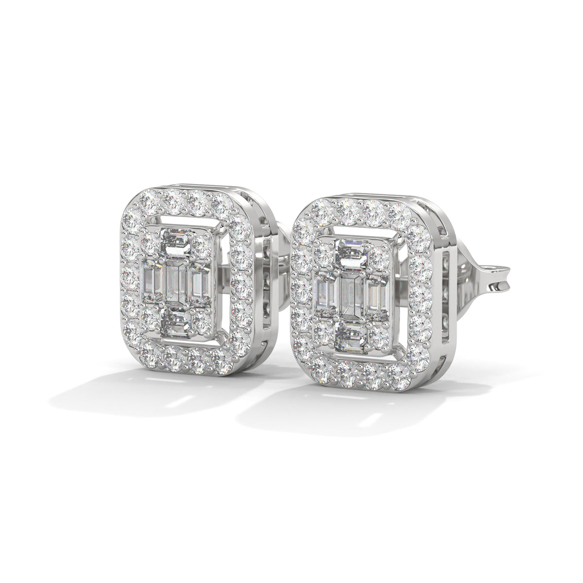 Baguette Halo Cluster Stud Earrings