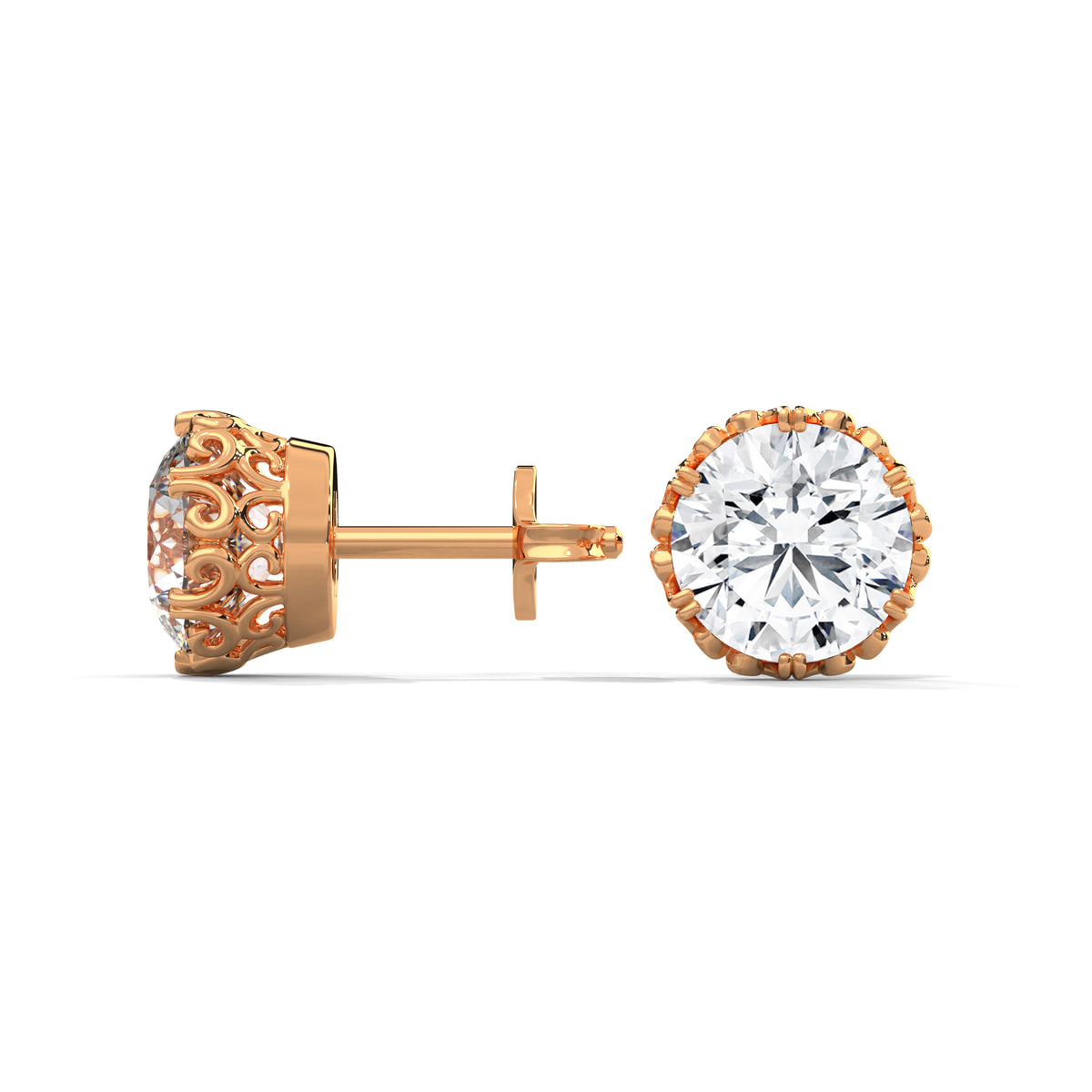 Crown Filigree Solitaire Stud Earrings