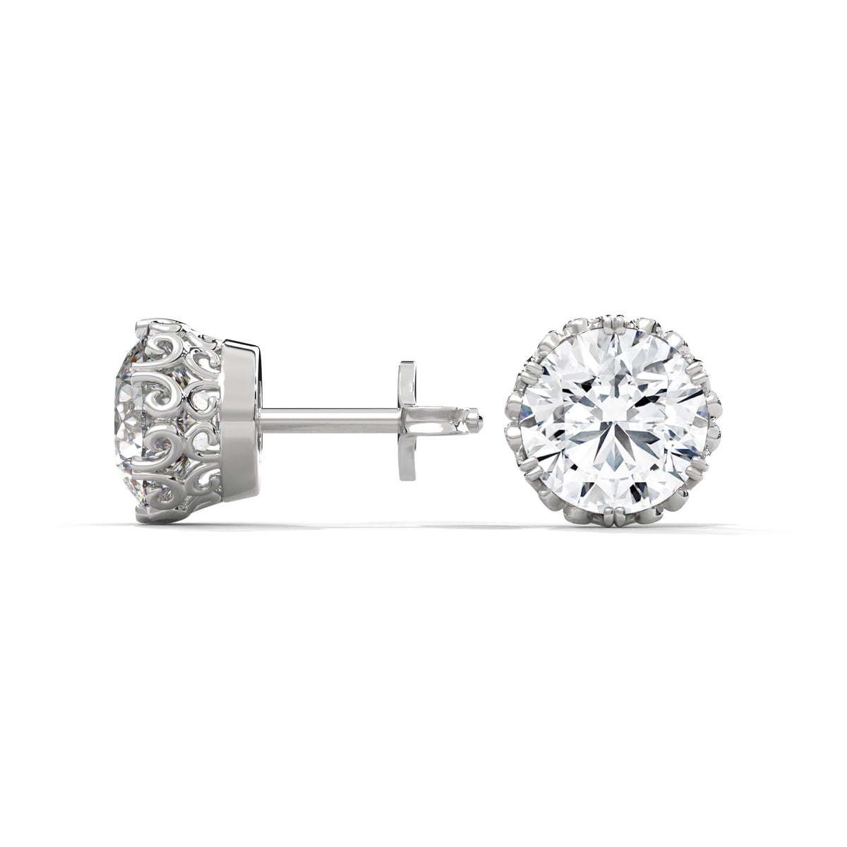 Crown Filigree Solitaire Stud Earrings