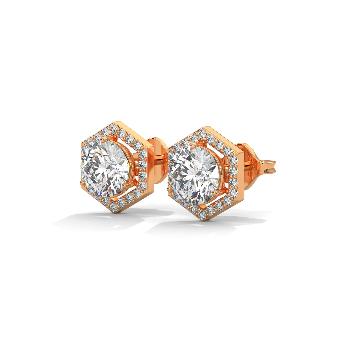 Hexagon Halo Solitaire Earrings
