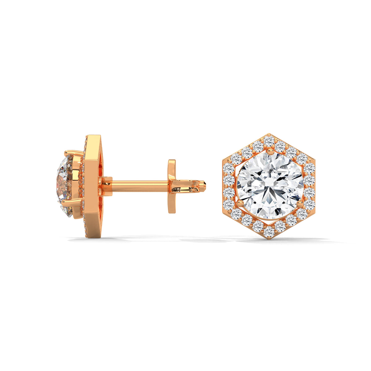 Hexagon Halo Solitaire Earrings
