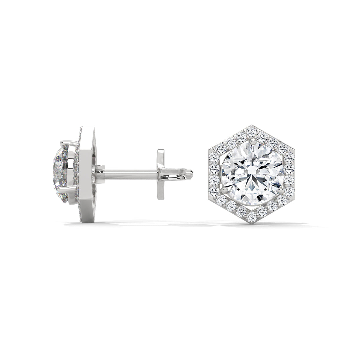 Hexagon Halo Solitaire Earrings