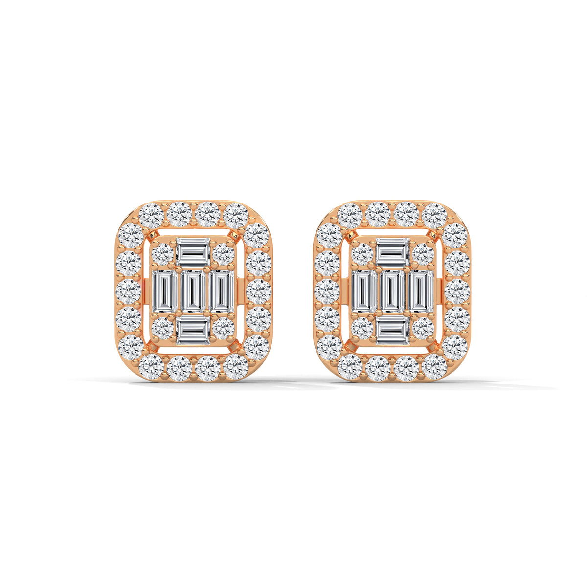 Baguette Halo Cluster Stud Earrings