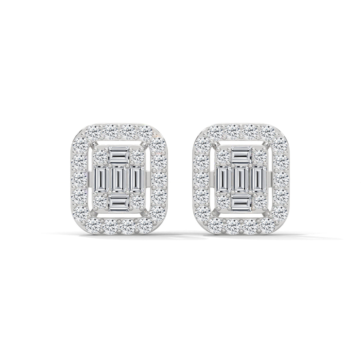 Baguette Halo Cluster Stud Earrings