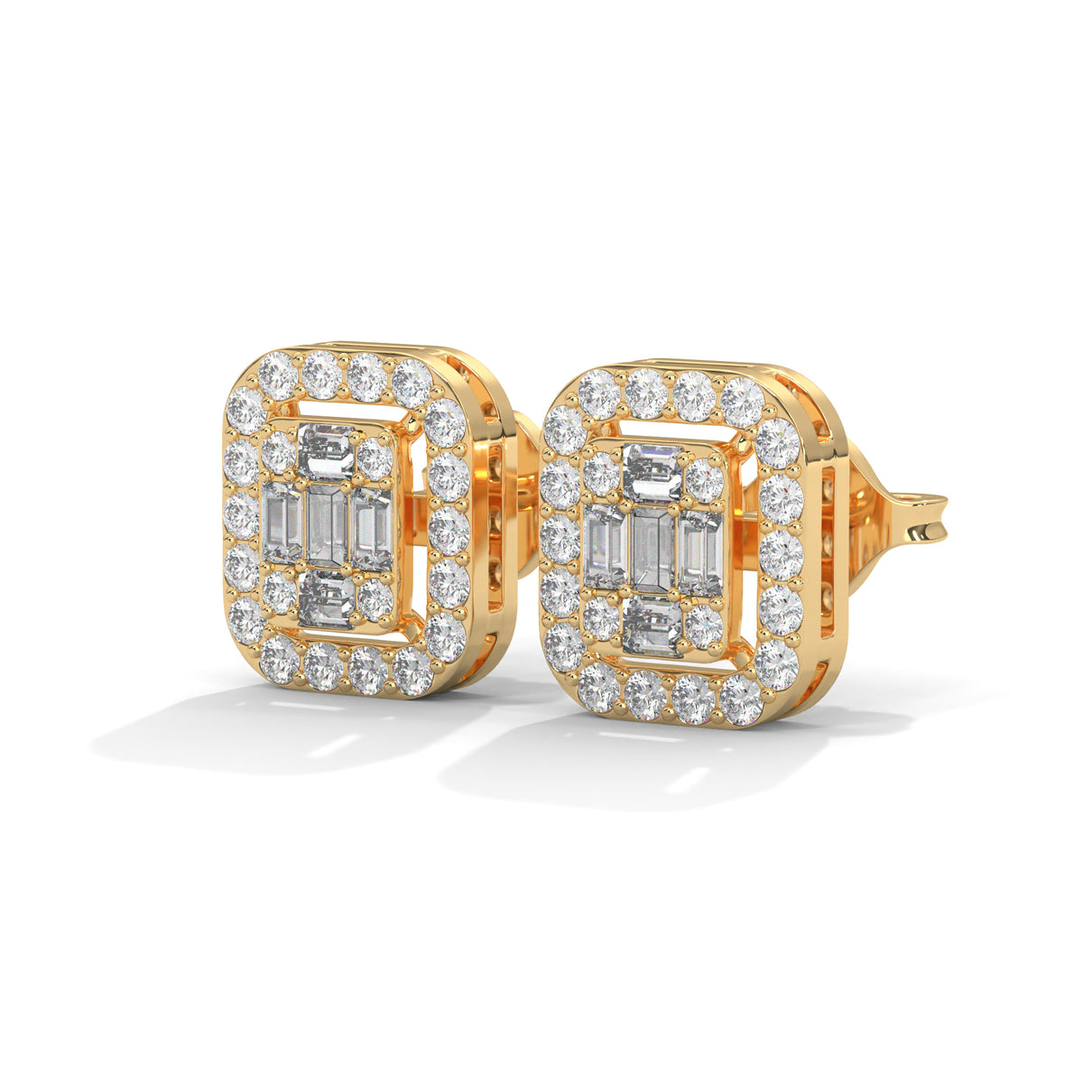 Baguette Halo Cluster Stud Earrings