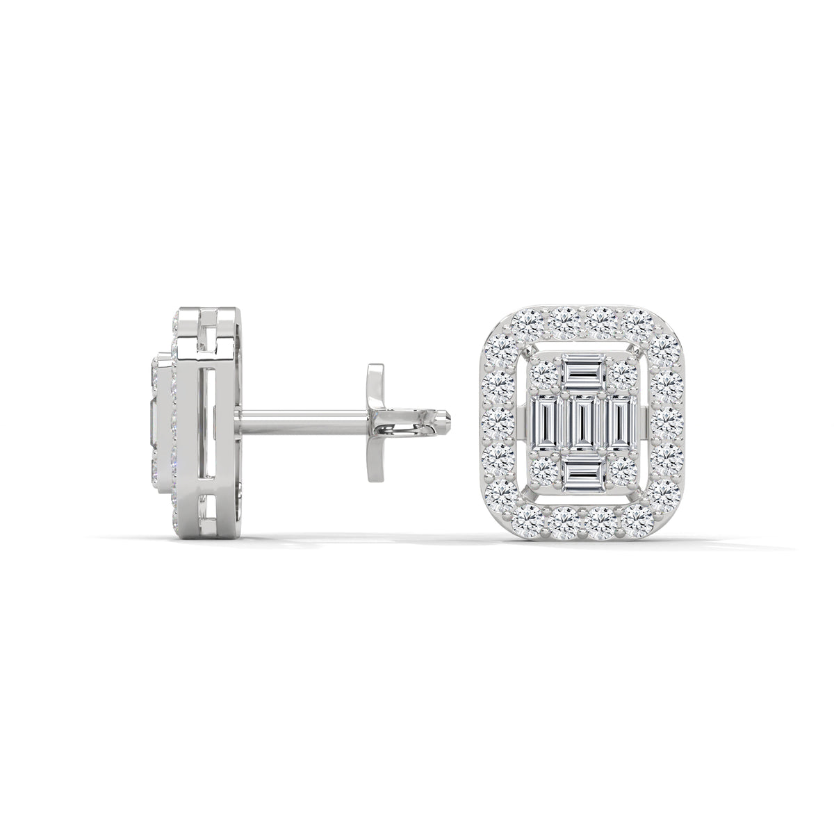 Baguette Halo Cluster Stud Earrings